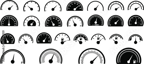 Collection of 24 black-and-white vehicle dashboard gauge icons including speedometers, tachometers, fuel indicators, temperature meters, automotive instrumentation designs