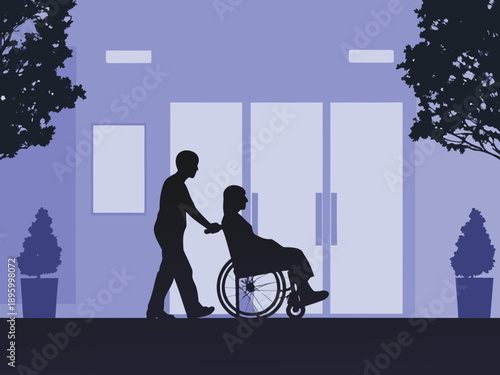 A caregiver assists a person in a wheelchair near a building entrance
