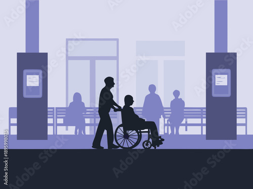 Silhouetted figures at a bus stop including a person in a wheelchair