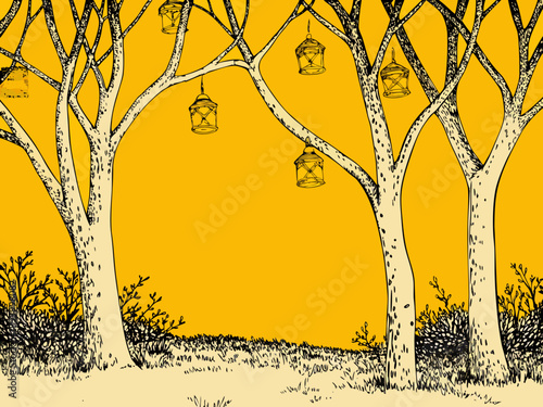 Stylized illustration of birch trees with hanging lanterns in a golden landscape