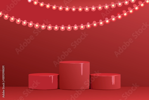 Red podium display with string lights against a vibrant red backdrop