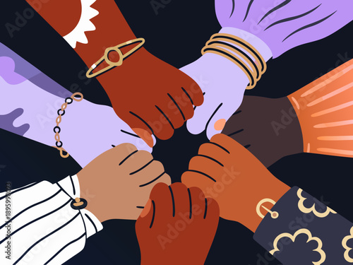 Diverse hands joined together in a circle symbolizing unity and support
