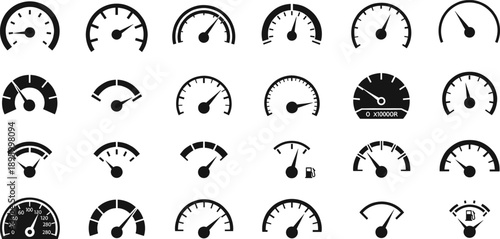 Collection of black and white vehicle dashboard gauge icons including speedometers, tachometers, fuel indicators, RPM meters, automotive instrumentation designs