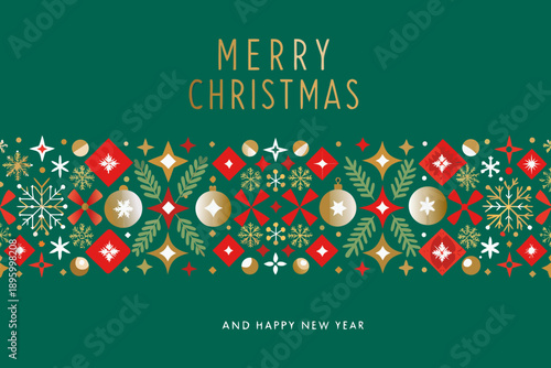 Festive christmas card with decorative elements and a green background