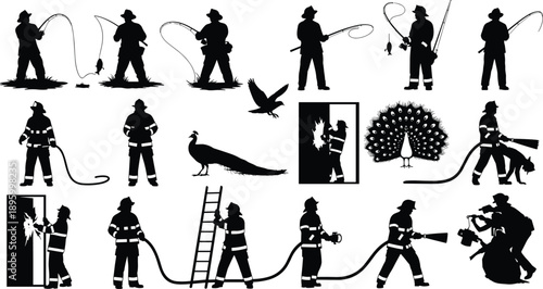 Vector, black, silhouettes, of, firefighters, using, hoses, and, ladders, fishermen, with, rods, catching, fish, a, peacock, and, a, hawk, for, community, service, and, hobbies