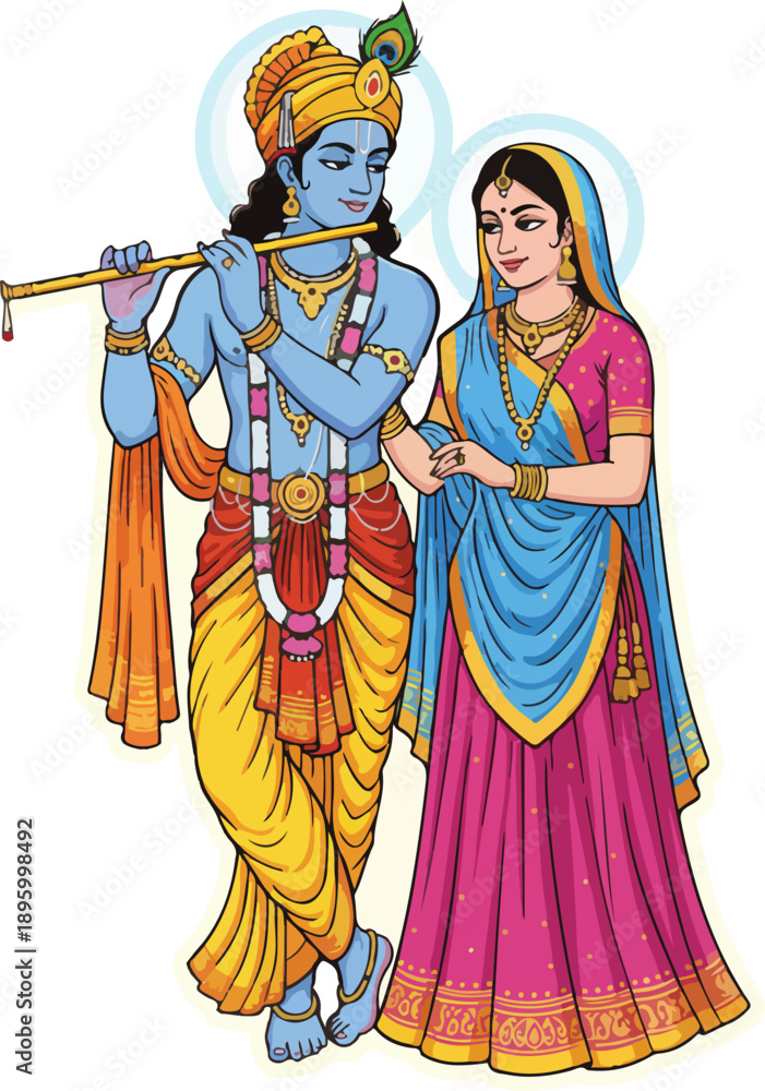 Obraz premium Sacred Radha Krishna Portrait – High Detail Vector Illustration