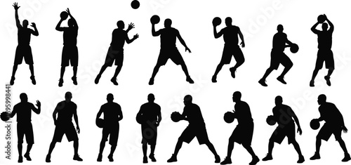 basketball, player, silhouette, set, vector, sport, athlete, dunk, dribble, shoot, action, men, team, black, white, illustration, graphic, isolated, collection
