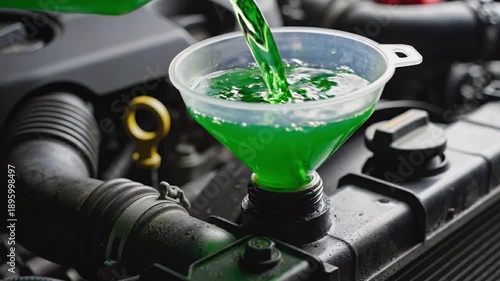 Green coolant being poured into car engine