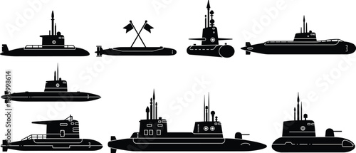Military Submarine Silhouette Collection Set, Naval Warship Underwater Fleet Defense Technology Black Vector Illustration Isolated White Background