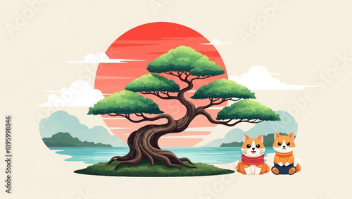 Two charming cartoon foxes by a stylized tree at sunrise by the sea