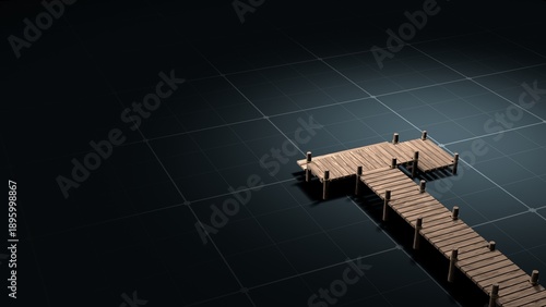 3D Wooden Pier Bridge on Dark Minimalist Grid Background