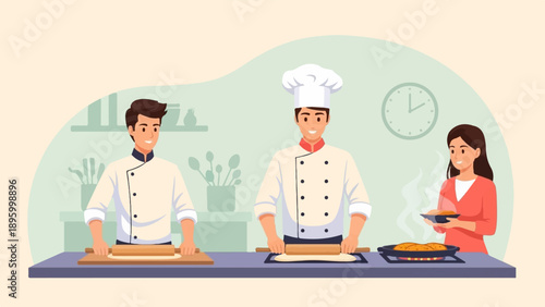 Two chefs prepare dough while a woman serves food from a pan