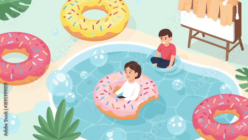 Two children play in a pool with giant donuts as floats