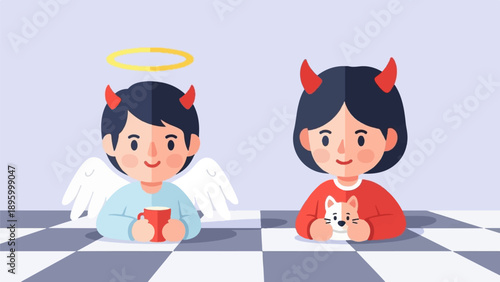 Two children, one angelic with halo and wings, other devilish with horns