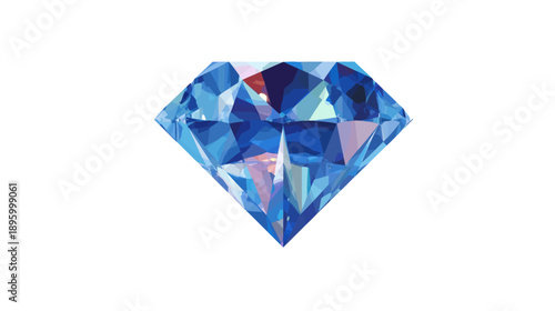 A faceted gem is depicted in shades of blue. It sparkles against a pure white background