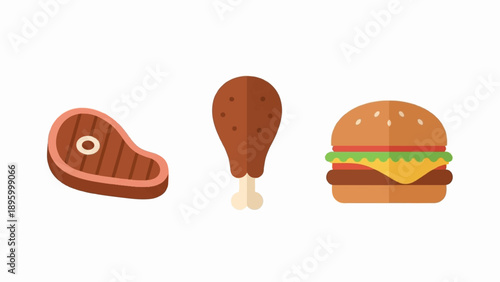 Trio of flat icons steak, chicken leg, and hamburger