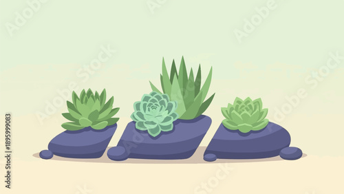 Trio of succulents nestled on smooth, purple rocks against a soft, pale background