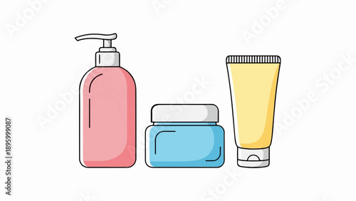 Trio of stylized cosmetic containers pink pump, blue jar, yellow tube