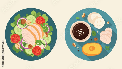 Two circular plates display a salad with chicken and a separate assortment of food items