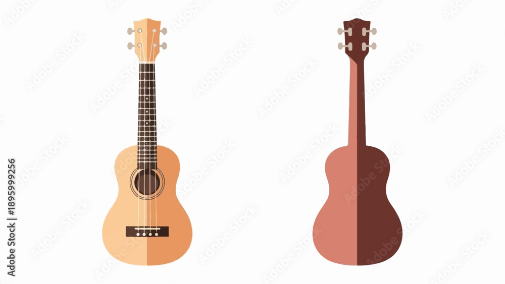 Fototapeta premium Two flat-design ukuleles, one front-facing, one back-facing, on white