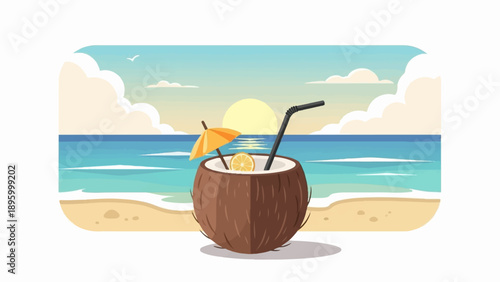 Tropical coconut drink with umbrella and straw on sandy beach at sunset