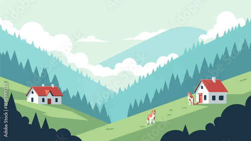 Two houses in a serene mountain valley with dogs on green hills