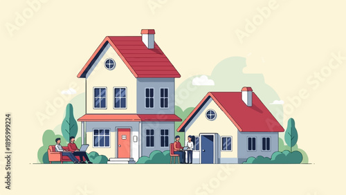 Two houses with people working on laptops in a serene outdoor setting