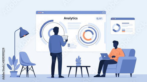 Two individuals analyze data on screens in a modern office with plants and furniture