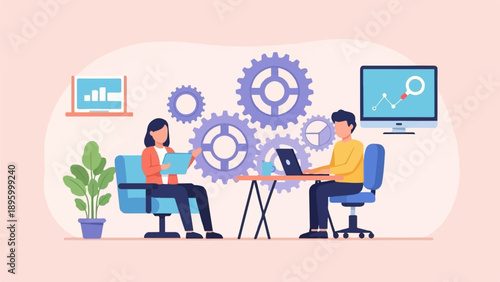 Two colleagues collaborating with laptops and gears behind them