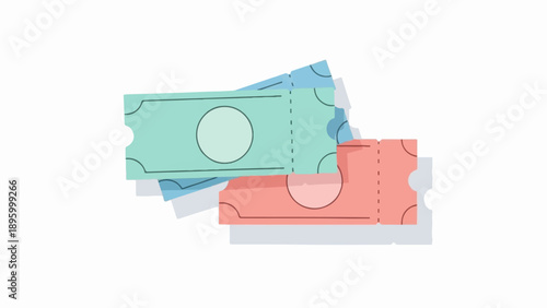 Two color tickets overlap, with dashed tear-off lines and circular accents