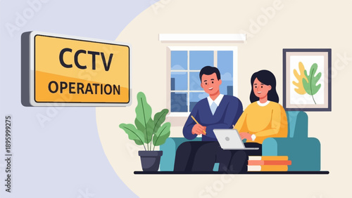 Two individuals at a desk with a laptop and plant, under a CCTV sign