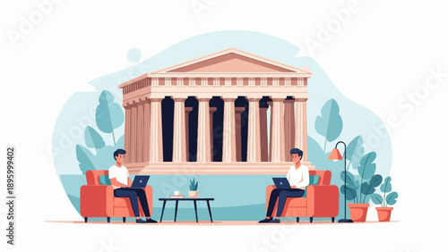 Two individuals work on laptops in front of a classical building