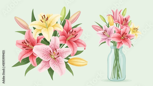 Two colorful lily bouquets, one loose and one in a glass vase