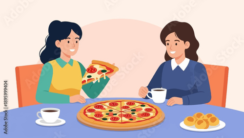 Two friends enjoying pizza and coffee at a table