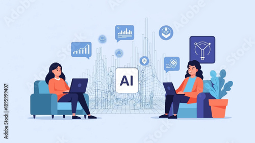 Two individuals engaged with laptops, surrounded by abstract data visualization icons