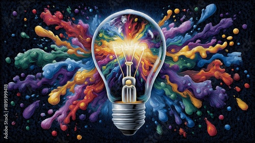 Creative Idea Explosion - Colorful Light Bulb Bursting with Imagination.
