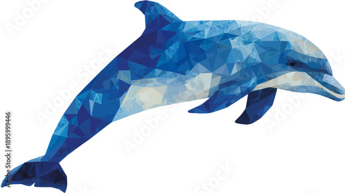 A geometric illustration of a dolphin leaping against a white background with a modern polygonal design
