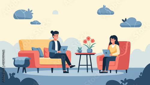 Two individuals work on laptops while relaxing in a cozy home setting