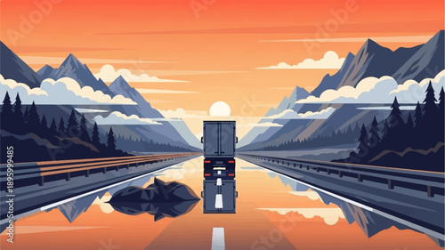 Truck on wet road reflecting sunset mountains and trees