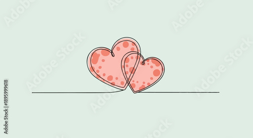 Two intertwined hearts with pink spots, drawn with a single continuous black line