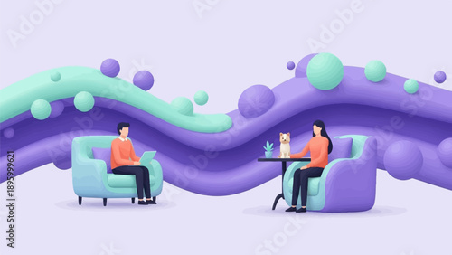 Two individuals relax in abstract purple and mint green waves with spheres