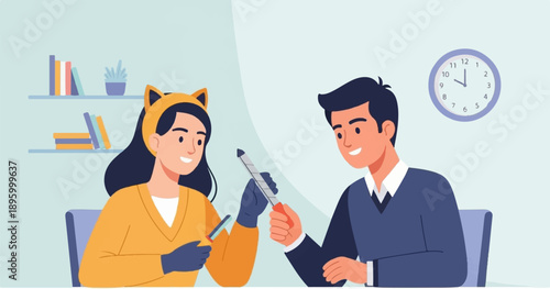 Two individuals, one with cat ears, interact at a desk with a clock