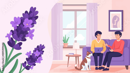 Two men and dog relaxing indoors with lavender plants nearby for ambiance