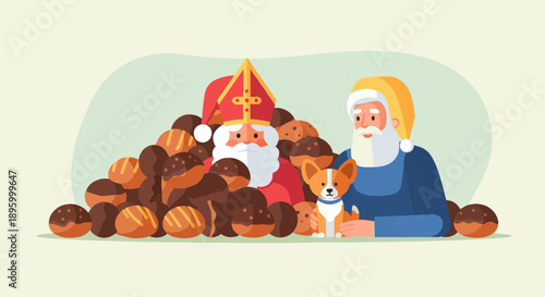 Two jovial figures, one in a bishop's hat and the other in a winter cap, surrounded by sweets