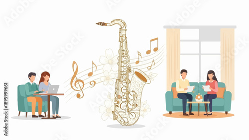 Two couples are enjoying leisure time with music and technology