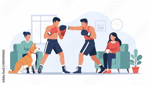 Two men boxing indoors while two people and a dog watch from couches