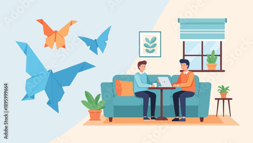 Two men collaborate on a laptop at a table in a cozy room with origami butterflies