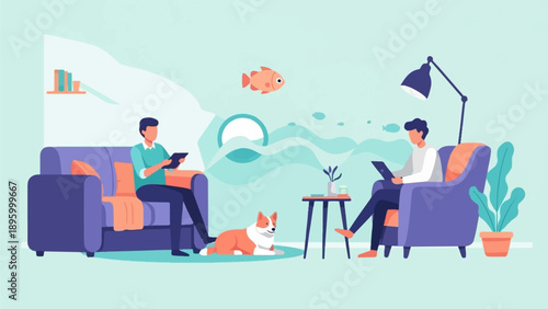 Two individuals relax in comfortable seating, engaged with devices, near a dog
