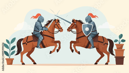 Two knights on horseback clash swords in a stylized, historical duel