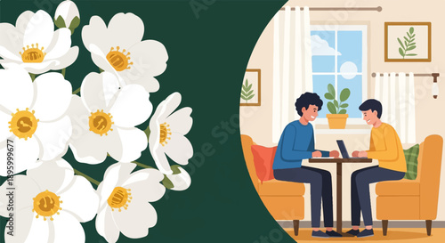 Two men collaborating on a laptop at a table indoors with flowers outside